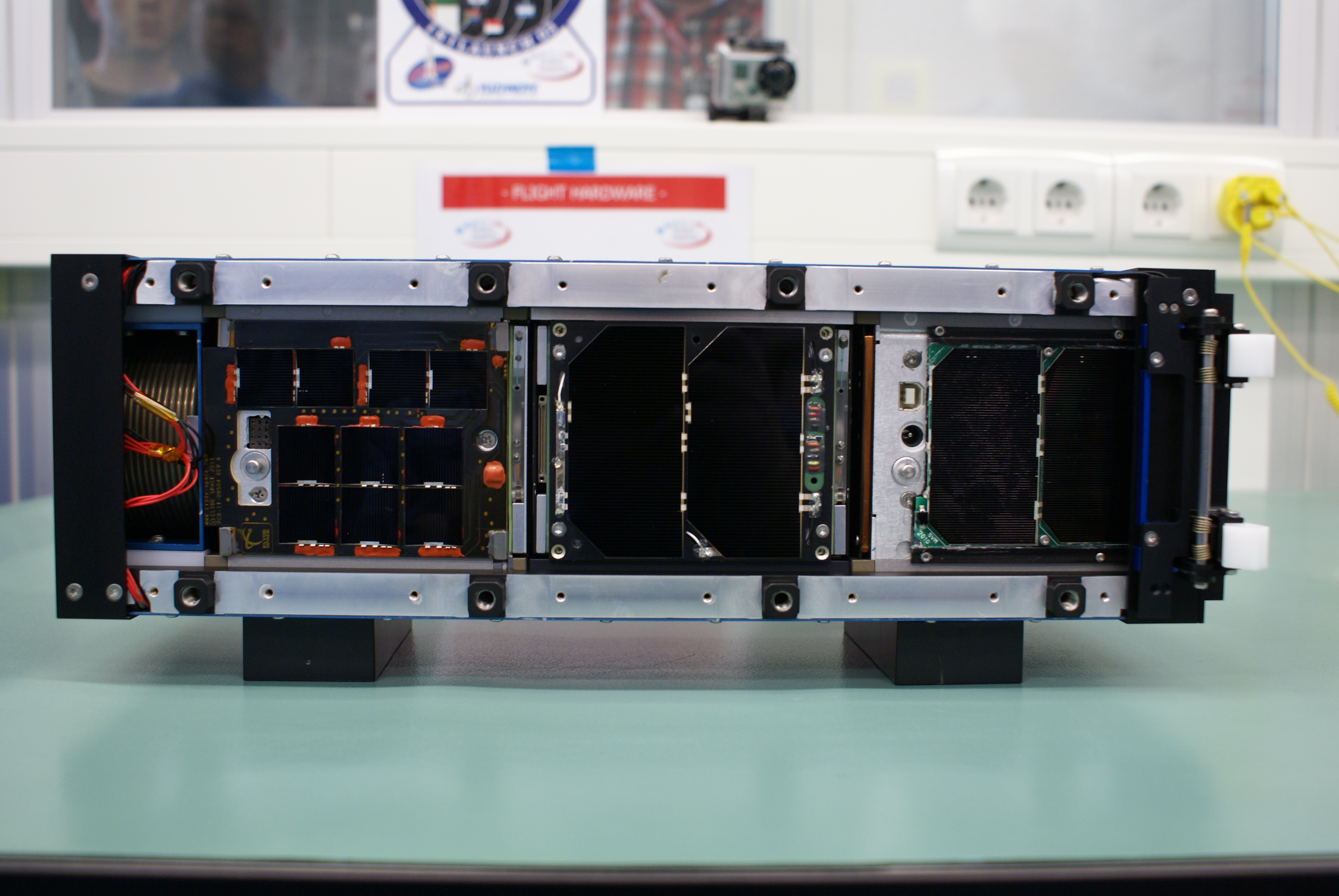 ZACUBE-1, FUNcube-1 and HiNCube in the deployment pod - Image credit Wouter Weggelaar PA3WEG