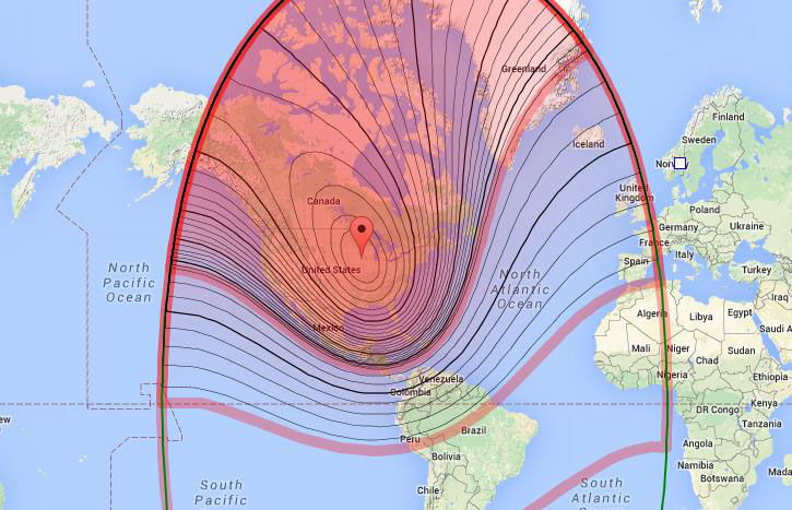 Possible coverage of Geosynchronous satellite 74 degrees West - Credit Bill Reed NX5R