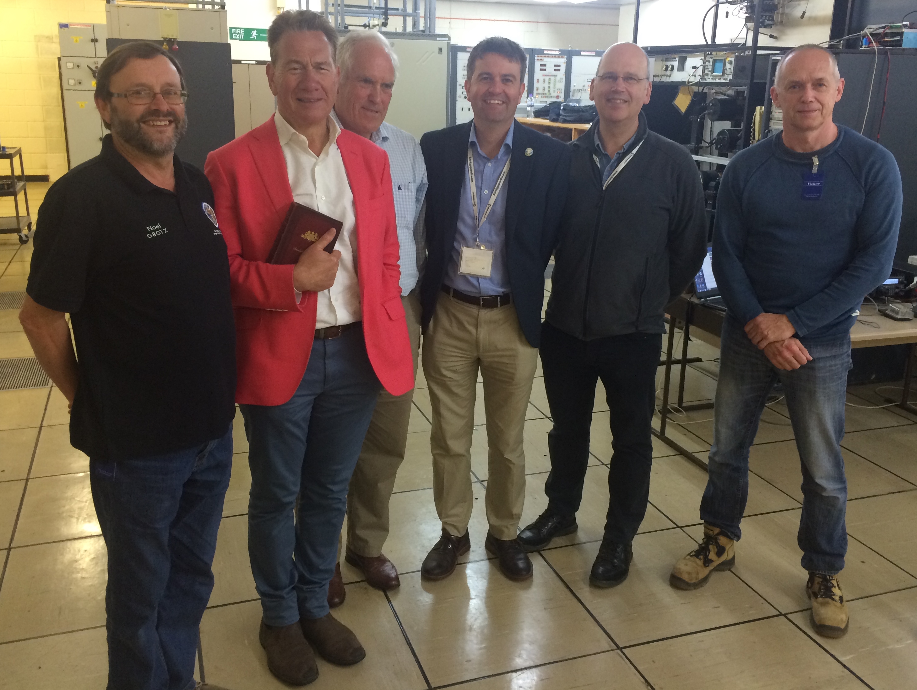 Noel Matthews G8GTZ, Michael Portillo, Brian Coleman G4NNS, Matthew Crosby Chief Scientist Goonhilly, Ian Jones CEO Goonhilly and Tim Fern G4LOH at Goonhilly in June 2017