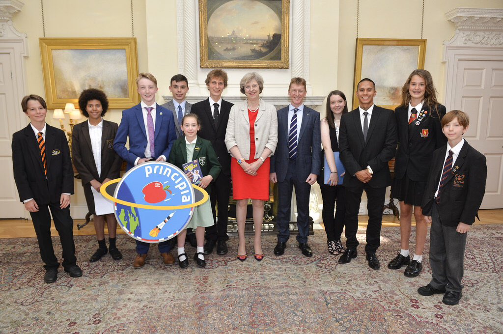 UK PM Theresa May and Tim Peake with some of the young people involved in Principia mission