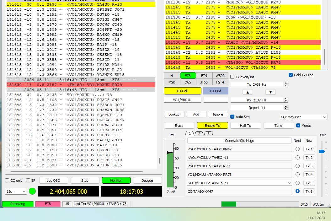 FT-8 QO-100 contact between Gopan VO1/M0XUU and TA4SO