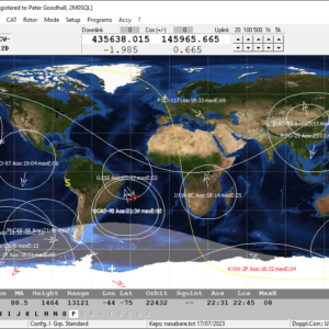 Screenshot of SatPC32 showing a selection of satellites orbiting around the world