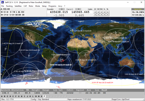 Screenshot of SatPC32 showing a selection of satellites orbiting around the world